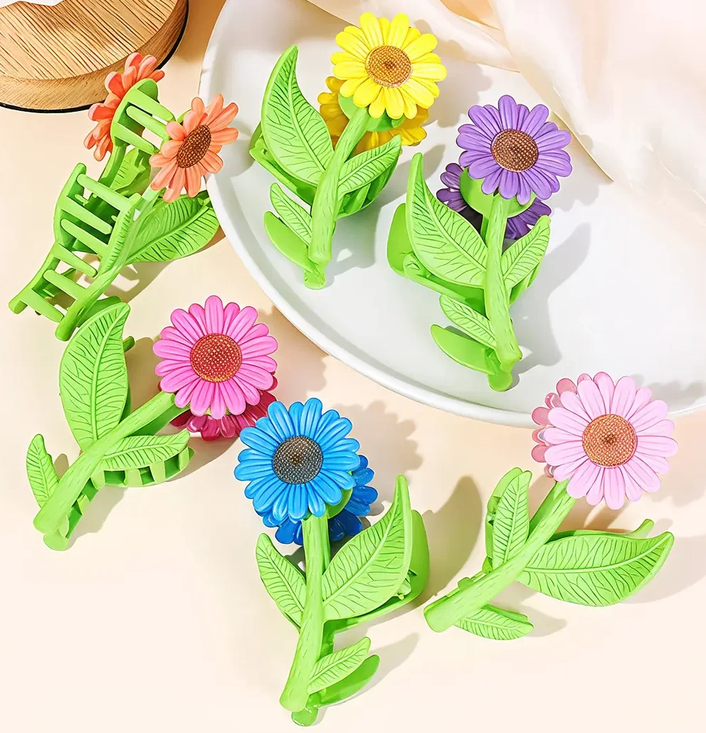 MANODHRUVA sunflower hair clutcher with green leaf design